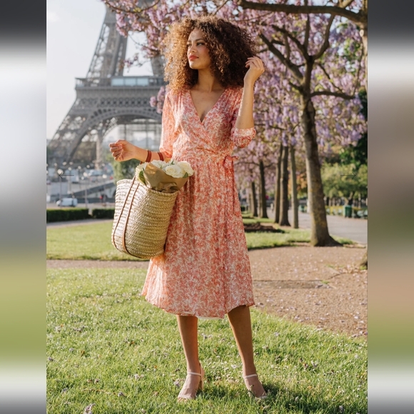 NWT Gaâla Paris Annabelle Silk Chiffon Wrap Midi Dress Ivory Gold Small/Medium - Picture 4 of 11